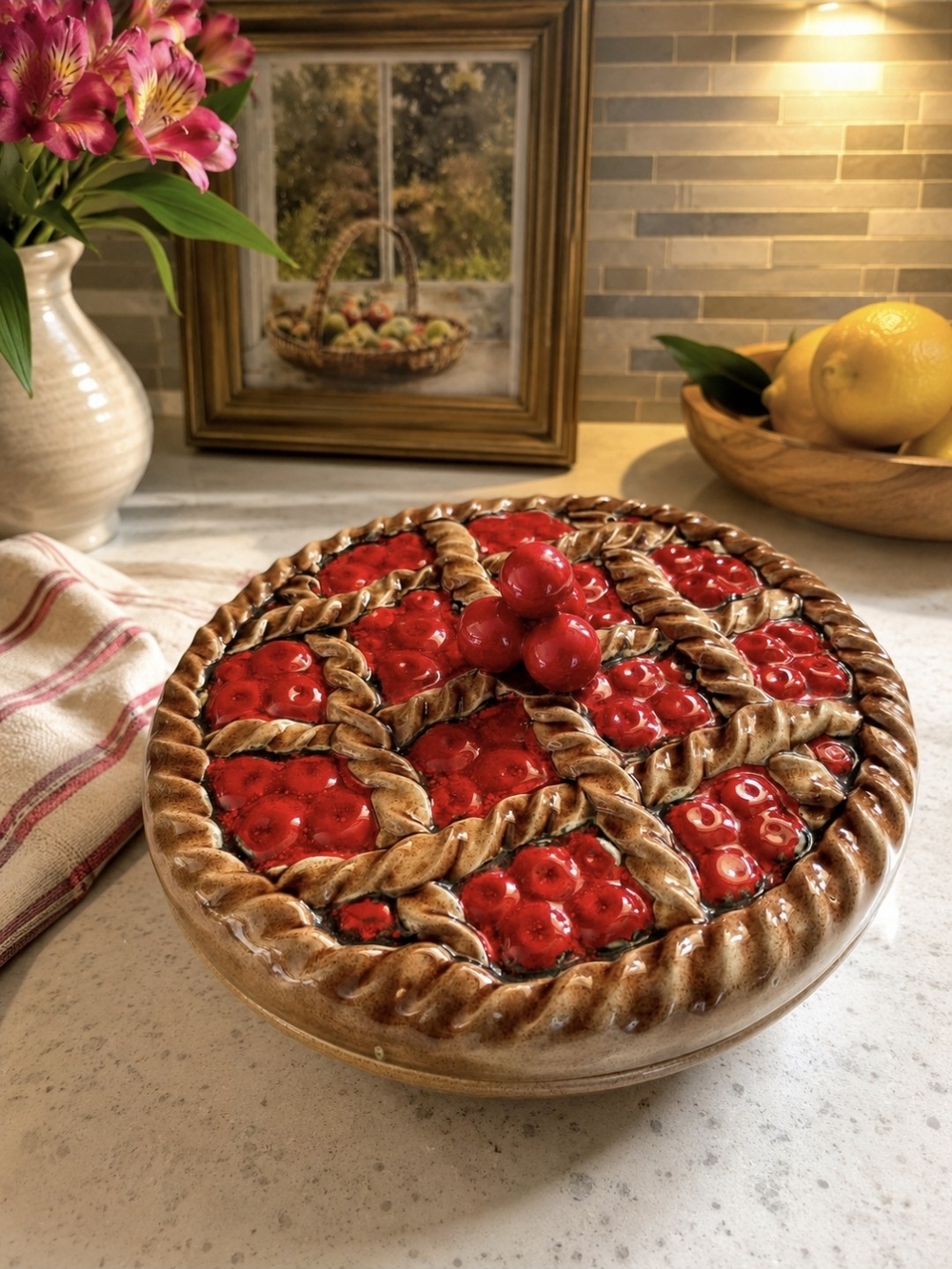 Majolica Ceramic Cherry Pie Dish  Lattice Lid Red And Brownish Made In Portugal